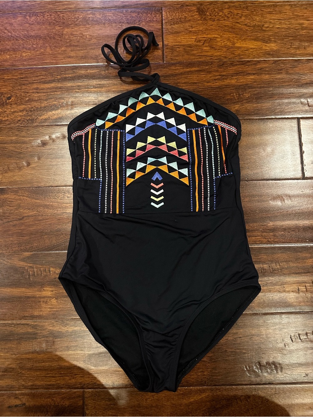 Apt. 9 Black Halter One-Piece Swimsuit with Multicolor Geometric Embroidery